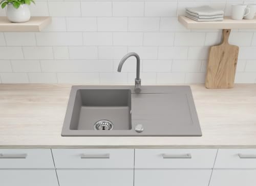 Faizee Home | Granitspüle Set 75x44 cm Grau – Beidseitig montierbare Küchenspüle mit Armatur in Grau & Siphon | Hochwertiges Spülbecken aus Granit