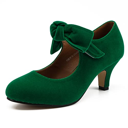 LIURUIJIA Women's Bow Mary Jane Kitten Heel Pumps Round Toe Low Heels Ankle Strap Wedding Leopard Dress Evening Party Shoes Size 7.5 Green