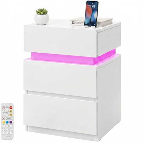 Marctani Mesillas de Noche LED Modernas - Mesita de Noche Blanca con 16 Colores de Luz, 2 Cajones + 1 Cajon Oculto - Mesa de Noche Dormitorio Estrecha con Guardamovil Mesitas de Noche