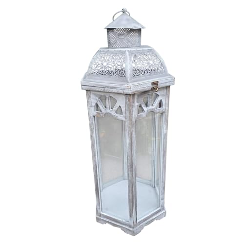 Lanterna da giardino esagonale 80 cm grigio – Lanterna in legno ricca di dettagli con vetro e tetto in metallo – per esterni coperti
