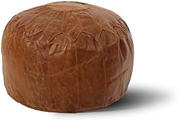 Woodland Leather Tan Morrocon Style Pouffe 17.5" Diam, Genuine Leather Designer Bean Bag Chair (Stuffed-1Piece, Tan)
