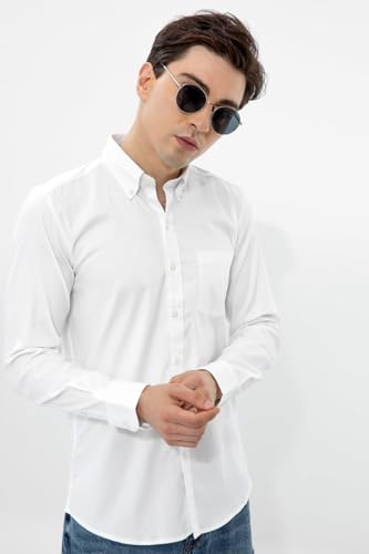 Image of SNITCH Men Casual Shirt | Slim Fit Full Sleeve Button-Down Collar Solid Design | Premium Cotton Fabric & Breathable Material for College & Casual Wear ||Rich Eggshell White