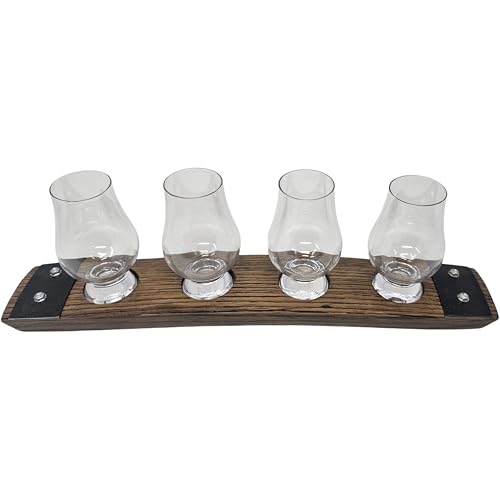 Barrel-Art Reclaimed Bourbon Barrel Stave Premium 4 Glass Whiskey Flight Serving Tray with Glencairn...