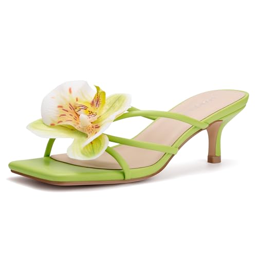 LOOPCHARM Womens Floral Kitten Heel Strappy Open Square Toe Sandals Slip On Mules 1.75 Inch Low Heels Green Pu 8