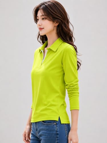 Image of Women's Solid Polo T Shirt with Collar, Long Sleeve V Neck Casual Top, Regular Fit Everyday Wear