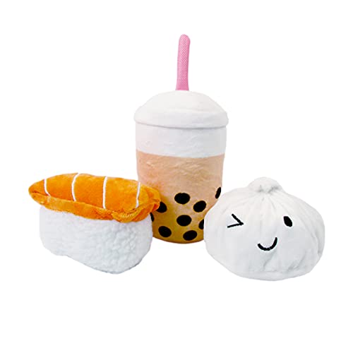 TONBO Boba Time Combo - Crinkle Plush Cute Dog Toys, Boba Milk Tea, Sushi, Dumpling (Boba Time Combo)