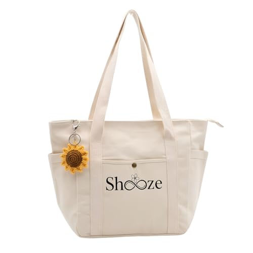 Bolso Tote Mujer Grande de Lona con Cremallera – Bolso Shopper con Bolsillos, Resistente y Ligero – Bolso de Tela para Trabajo, Universidad, Viaje y Uso Diario – Diseño Minimalista Elegante – Beige