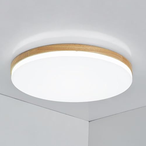 Plafonnier LED rond bois ultra fin blanc de 48cm au design minimaliste pour grand couloir