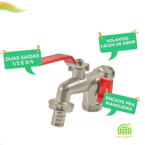 Torneira Esfera Maquina Tanque Jardim Quintal 1/2 E 3/4 Metal Duas Saídas Mundo Compras