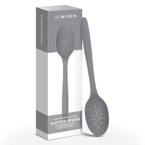 Misen Silicone Slotted Spoon - Dishwasher Safe, Professional-Grade Perforated Spoon - Comfortable Grip, Nonstick Safe, Heat Safe - Perfect for Stirring & Serving - Gray