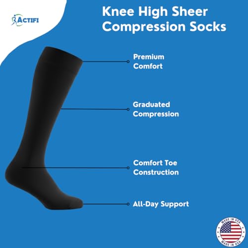Image of Actifi Women's Sheer Wide Calf 15-20 mmHg Compression Stockings, Knee High, Closed Toe, Moderate Support