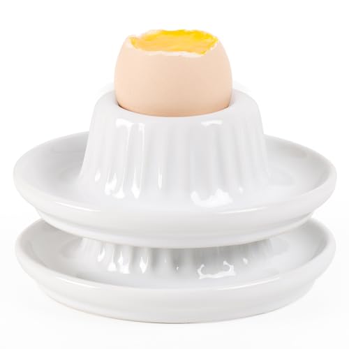 INGOFIN 2 Pcs Ceramic Egg Cups, Soft Boiled Egg Holders Set, Classic Porcelain Stackable, Easy to Clean Tray, Decorative Serving Dish for Breakfast, Easter or Kitchen, White