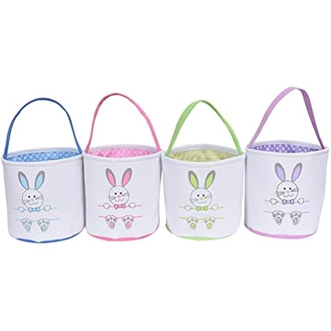 Easter Basket Bags Easter Bunny Baskets Canvas Easter Tote Bag Cotton Bag Shopping Baskets Cute Canvas Basket for Kids Easter Gift and Egg Rabbit Basket Party Decoration(Rabbit footprint - purple) Cover