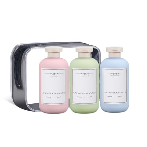 ASEVAT 6.7 oz Plastic Leak Proof Travel Bottles for Toiletries, Plastic Travel Size Containers, Shampoo and Conditioner Bottles Refillable Squeeze Bottle for Lotion, Body Wash (3Pcs)