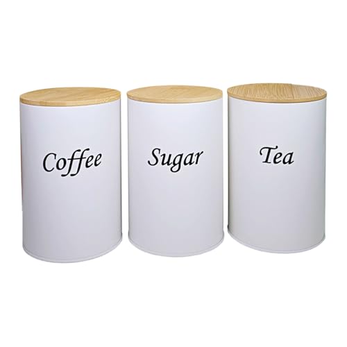 Juego de recipientes de azúcar – 3 unidades 1200 ml latas de almacenamiento para cocina, latas de café y té | Contenedores de alimentos de alta calidad hechos de hierro y madera, organizador de