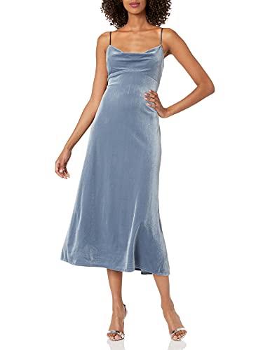 Jenny Yoo Women's Saba Velvet Cowl Neck Midi Slip Dress, Bluestone, 16