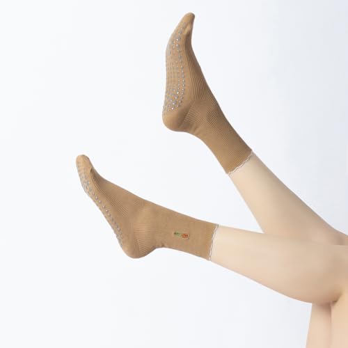Image of Verdancy Yoga Pilates Socks with Non-Slip Grips Ruffle Trim Tulip Embroidered Cushioned Crew Socks for Barre Ballet Dance