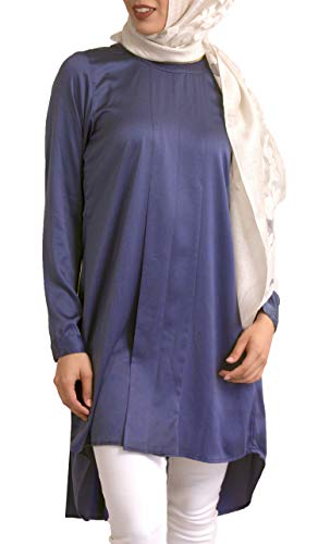 Artizara Reem Silky Modest Long Sleeve PleatedTunic Top Kurti Tunic Dress - Blue Shadow