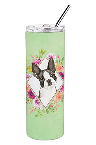 One-Day Sale: Up to 80% Off Caroline's Treasures CK4417TBL20 Boston Terrier Green Flowers Double Walled Stainless Steel 20 oz Skinny Tumbler, 20 oz, multicolor