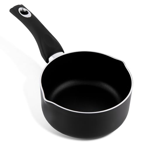 16cm Non-Stick Milk Pan with Soft Touch Handle, Double Pouring Spouts, 1.8L Capacity, Induction & All Hob Compatible, Dishwasher Safe, Premium 2.5mm Pressed Aluminium