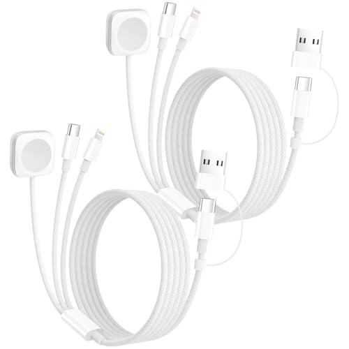 2Pack Travel Essentials 3 in 2 Multi Charging Cable for iWatch Charger/Type C/IP, Nylon iPhone Charger Cord, Multi Chargers for All Devices Compatible with iWatch Series/iPhone 17-11/iPad/AirPods 4FT