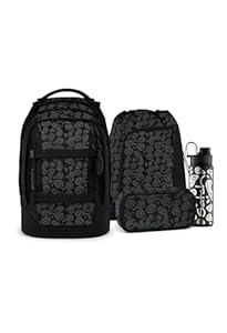 Satch Pack Set Set 4 teilig ab 5. Klasse ergonomisch 30L Stauraum mit Schlamperbox Trinkflasche Sportbeutel Blurry Faces - Schwarz