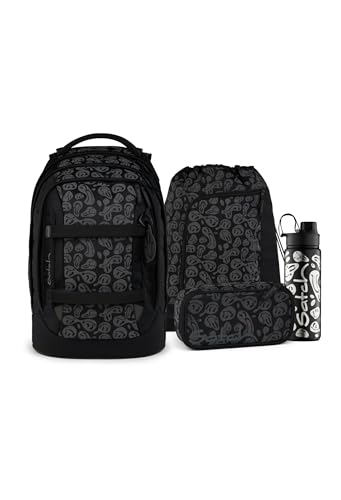 Satch Pack Set Set 4 teilig ab 5. Klasse ergonomisch 30L Stauraum mit Schlamperbox Trinkflasche Sportbeutel Blurry Faces - Schwarz