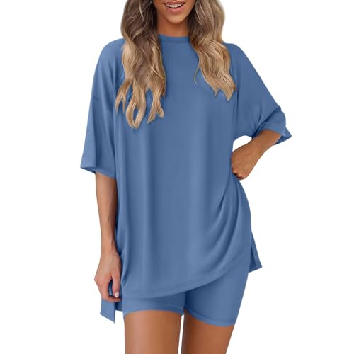 Womens Two Piece Lounge Set 2025 Summer Casual Oversized Shirts Biker Shorts Matching Airport Travel Vacation Outfits
