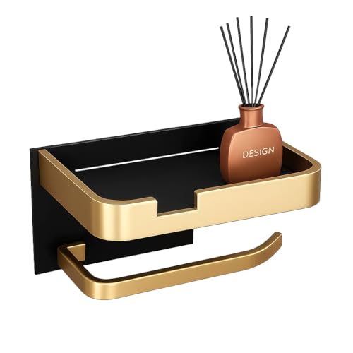 Porte Papier Toilette Mural Noir et doré avec étagère Design – Support Rouleau WC Suspendu – Meuble sanitaire Compact – Accessoires Salle de Bain...