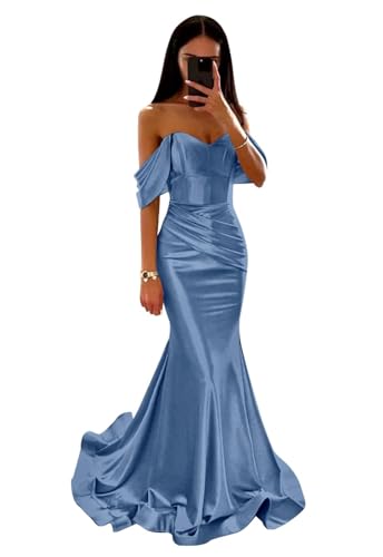 Off Shoulder Prom Dress Mermaid Long Ball Gown Satin Pleated Sweetheart Bridesmaid Dresses with Train BU0764