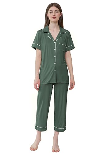 Joyaria Women Bamboo Viscose Capri Pajamas Set Cooling Button Down Pjs Short Sleeve Sleepwear Soft Loungewear S-XXL