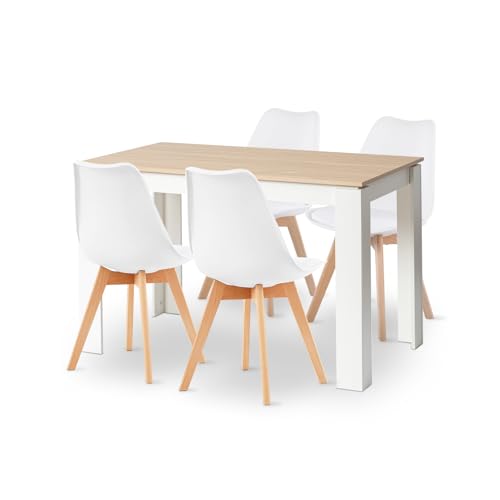 FURNITABLE Ensemble de salle à manger avec 4 chaises et 4 chaises rectangulaires en bois de 120 cm pour salon, cuisine, bureau (pieds de table en chêne blanc...