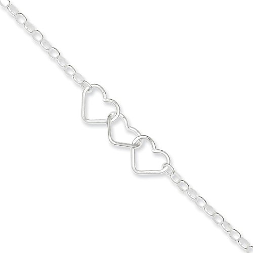 Sterling Silver 3 Hearts Rolo Chain Anklet 9