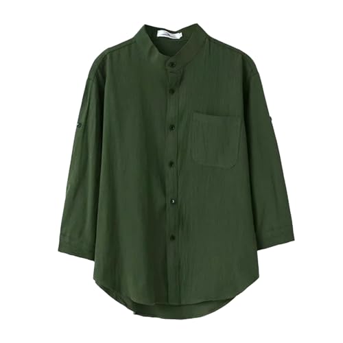 liaddkv Herr ledig lös bomull och linne rund hals solid färg sju kvartsärm skjorta herrskjortor magstorlekar, Grön, XL