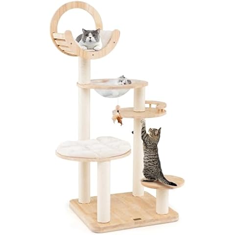 PETSITE 57 Inches Tall Wooden Cat Tree, Multi-Level Cat Tower with Scratching Posts, Space Capsule Bed, Padded Platform and Hanging Ball, Modern Transformable Cat Tree Tower for Indoor Cats Large Cover