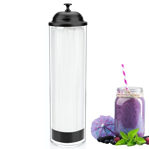 Mevtok 13.5 inch Straw Holder for Standard & Long Bended Size Drinking Straws, Acrylic Plastic Straw Dispenser with Lid, Black, Heavy Duty, 1 Piece