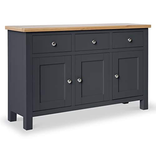 RoselandFurniture Farro Charcoal Sideboard for Living Room Large Storage Cabinet with Oak Top | Fully Assembled Painted 3 Door Solid Wooden Cupboard with 3 Drawers for Hallway or Dining Room