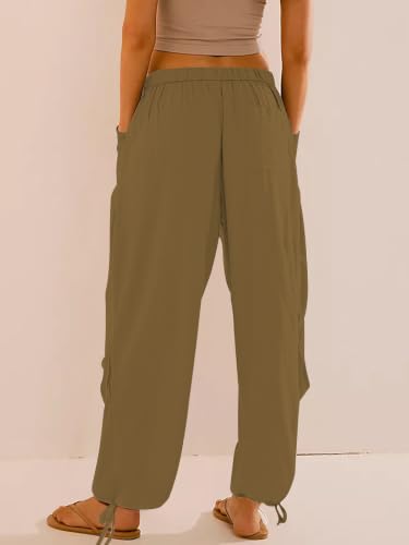 Image of Women's Linen Balloon Barrel Beach Pants Boho Harem Flowy Drawstring Casual Loose Pants with Pockets