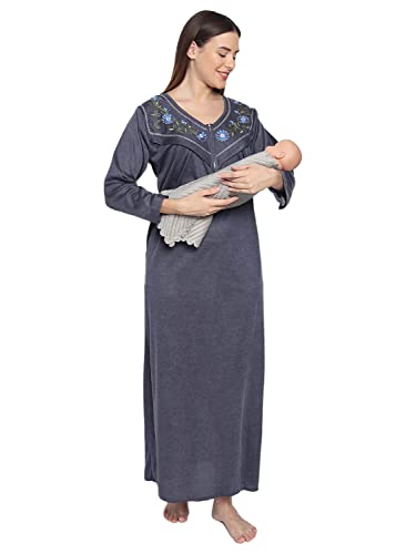 Image of Noty Women's Maternity - Feeding - Nighty | Full Sleeves | Floral Print Maxi | Embroidery Work On Neck with Zip Closure