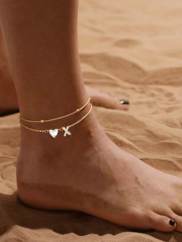 Image of Gold Initial Ankle Bracelets for Women, 14K Gold Plated Dainty Love Heart CZ Trendy Layered Letter A-Z Waterproof Anklets Fashion Jewelry Gift for Women