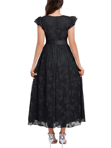 Image of Women's Casual Tulle Midi Dress Ruffle Sleeve Crewneck Lace Flowy Dresses Party Wedding Guest Sundress