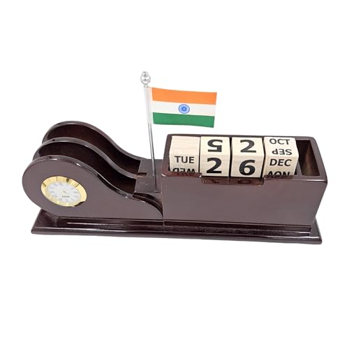Image of WOOD HOUSE Wooden Pen Stand with Mobile Holder & 100-Year Perpetual Calendar for Office Table | Desk Organizer with New Year 2024 Calendar | Lifetime Calendar Pen Holder (WH-70N)