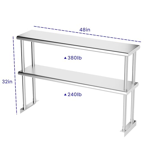 Image of Double Overshelf of Stainless Steel 12'' x 48'', Commercial 2 Tier Shelf for Prep & Work Table in Restaurant, Home and Kitchen (12x48)