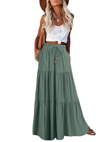 HAEOF Falda larga de verano para mujer, estilo bohemio, acampanada, con volantes, cintura alta, elástica, con bolsillos, Verde, S
