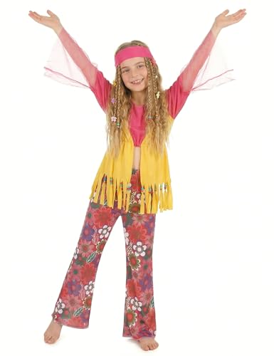 DEGUISE TOI - Déguisement hippie muticolore fille - Bandeau - Pantalon - Haut - L 10-12 ans (130-140 cm) - Rose - Déguisements enfants - 100% Polyester - A la main -...