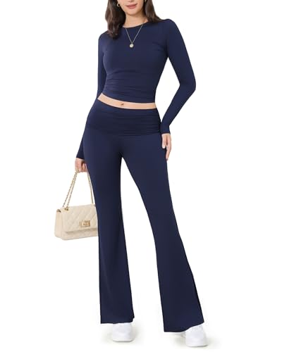 Image of ZOOSIXX Lounge Sets for Women - 2 Piece Outfits Crop Tops with Fold Over Flare Leggings Fall Loungewear Fitted Pajama