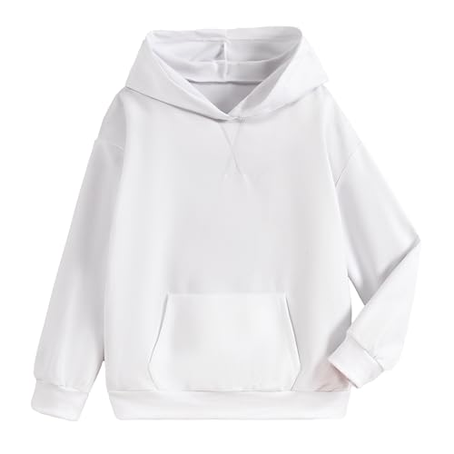 OYYANGPAN Solid Color Hooded Sweatshirt for Boys Ages 5-14 | Embroidered Pullover with Ribbed Cuffs & Hem | Spring & Fall Jacket (US Age 11 Years 12 Years white)