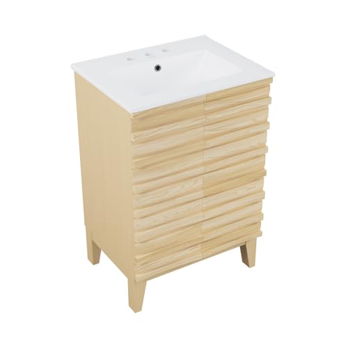 Image of Swiss Madison Cascade 24 in. Natural Oak Bathroom Vanity with White, 3-Hole Ceramic Sink Top