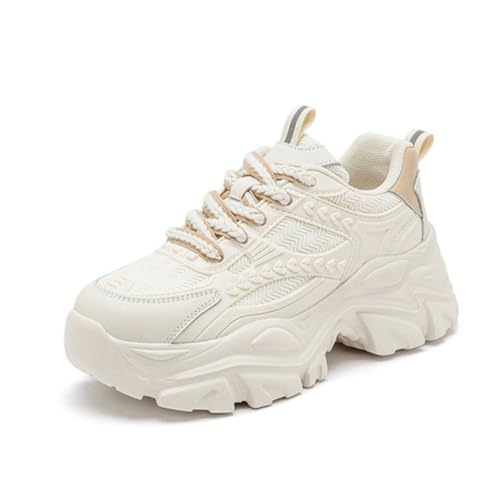 Women's Ultra Chunky Platform Sneakers - Fashion Dad Shoes with Wave Sole - Trendy Thick Soled Running Walking Shoes Cream/Beige2