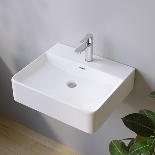 Waschbecken aus Keramik Weiß Eckig 50 x 42 cm Aufsatzwaschbecken für Waschtisch Unterschrank Waschplatz Hängewaschbecken Badezimmer Handwaschbecken Wandhängend Bad mit Hahnloch Überlauf Stockschrauben